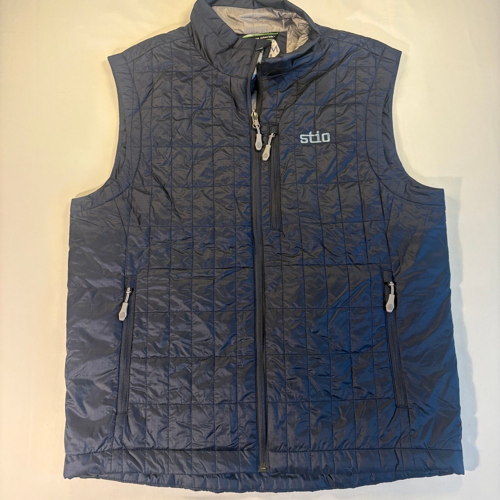 Stio Mens  Quilted Puffer Vest LOGO Navy Blue Size M